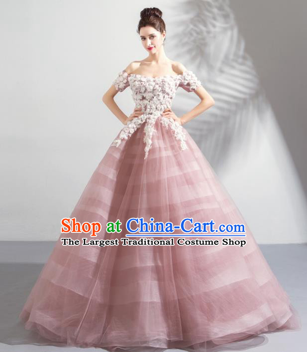 Handmade Princess Pink Wedding Dress Fancy Embroidered Wedding Gown for Women