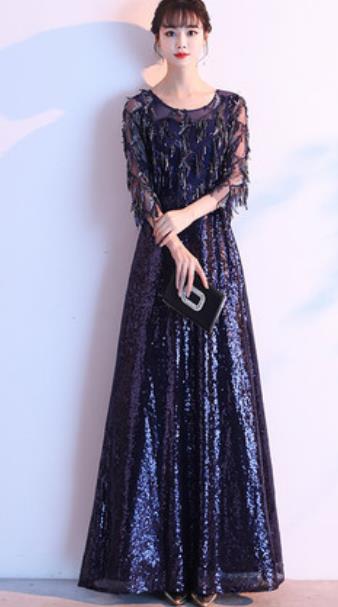 Top Grade Navy Evening Dress Compere Costume Handmade Catwalks Angel Full Dress for Women