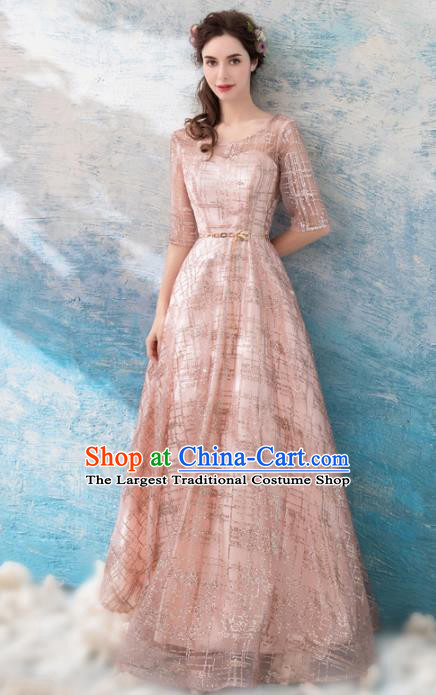 Top Grade Pink Evening Dress Compere Costume Handmade Catwalks Angel Full Dress for Women