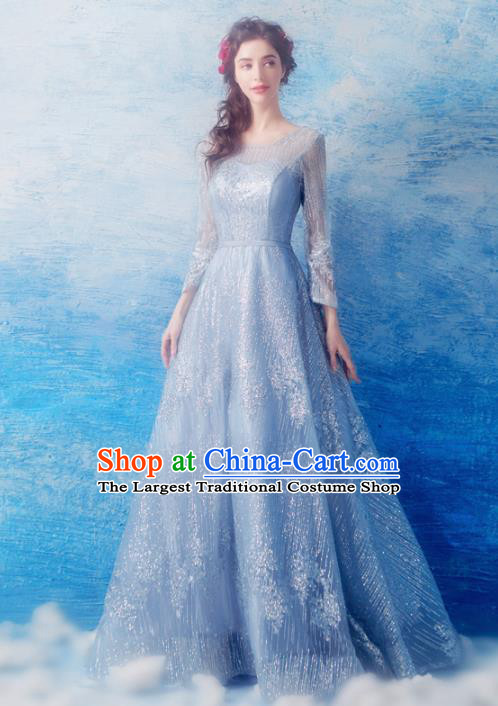 Top Grade Blue Evening Dress Compere Costume Handmade Catwalks Angel Full Dress for Women