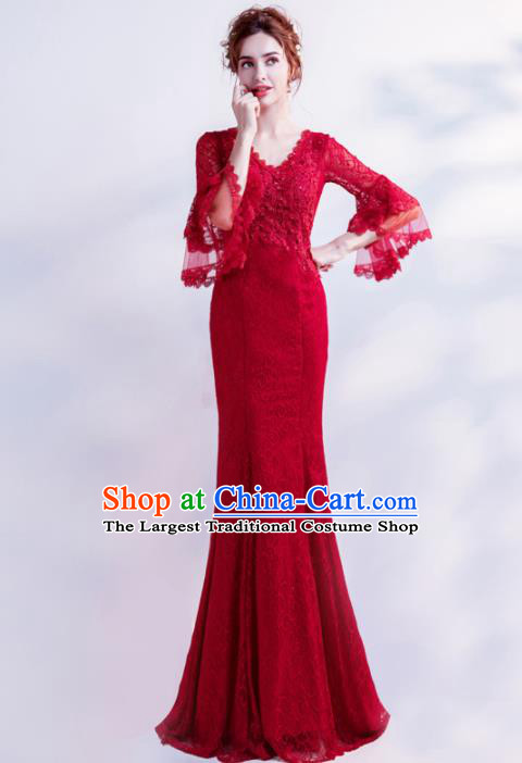 Handmade Red Lace Diamante Evening Dress Compere Costume Catwalks Angel Full Dress for Women