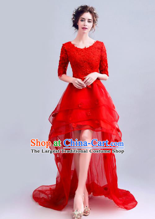 Handmade Red Veil Trailing Evening Dress Compere Costume Catwalks Angel Full Dress for Women