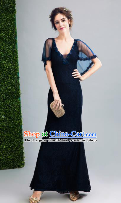 Top Grade Handmade Bridesmaid Blue Formal Dress Compere Costume Catwalks Evening Dress for Women