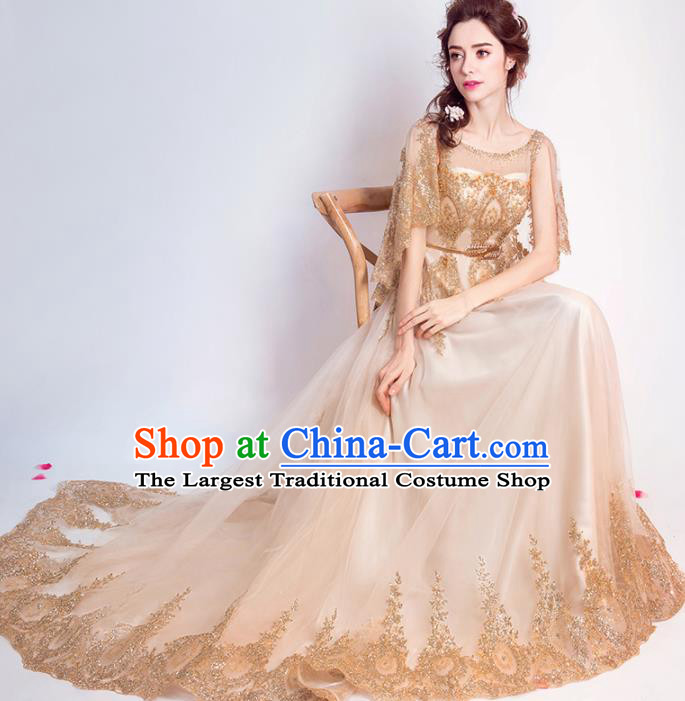 Handmade Bride Golden Embroidered Wedding Dress Princess Costume Flowers Fairy Fancy Wedding Gown for Women