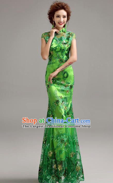 Chinese Traditional Mermaid Full Dress Wedding Bride Green Cheongsam for Women