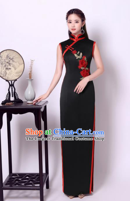 Chinese Traditional Black Cheongsam Wedding Bride Compere Chorus Full Dress for Women