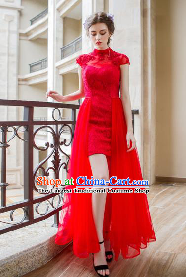 Chinese Traditional Embroidered Red Veil Cheongsam Wedding Bride Compere Chorus Full Dress for Women