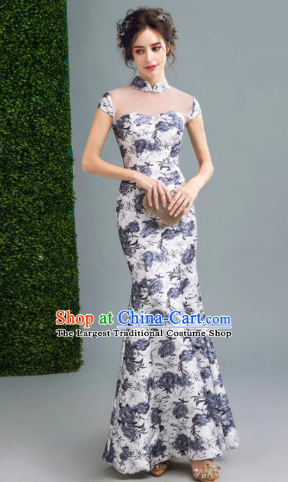 Chinese Traditional Printing Roses Cheongsam Wedding Bride Compere Chorus Full Dress for Women