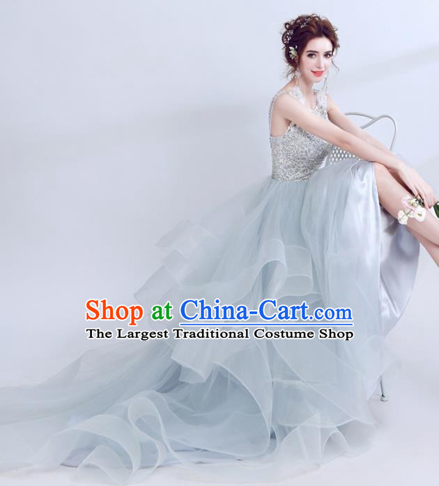 Handmade Embroidered Beads Evening Dress Compere Costume Catwalks Angel Full Dress for Women