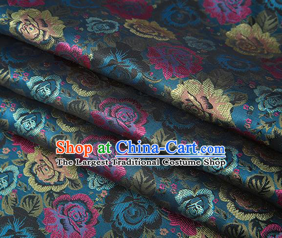 Chinese Traditional Jacquard Fabric Qipao Dress Lake Blue Brocade Classical Roses Pattern Design Satin Material Drapery