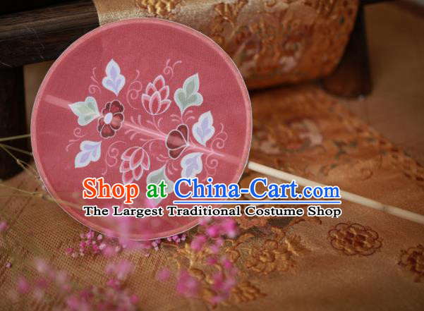 Chinese Ancient Handmade Palace Fans Traditional Hanfu Pink Silk Round Fans for Women