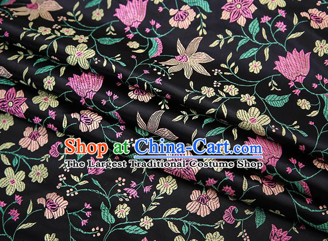 Traditional Chinese Black Satin Tang Suit Brocade Fabric Classical Flowers Pattern Design Silk Material Drapery