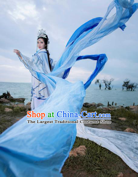 Traditional Chinese Cosplay Peri Goddess Clothing Ancient Swordswoman Embroidered Costumes and Headpiece Complete Set