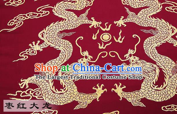 Chinese Traditional Satin Classical Dragons Pattern Design Wine Red Brocade Fabric Tang Suit Material Drapery