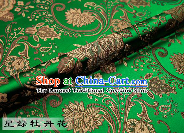 Chinese Traditional Green Satin Classical Peony Pattern Design Brocade Fabric Tang Suit Material Drapery