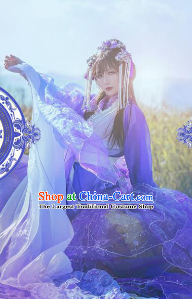 Chinese Ancient Cosplay Costumes Traditional Princess Embroidered Hanfu Clothing and Headpiece Complete Set