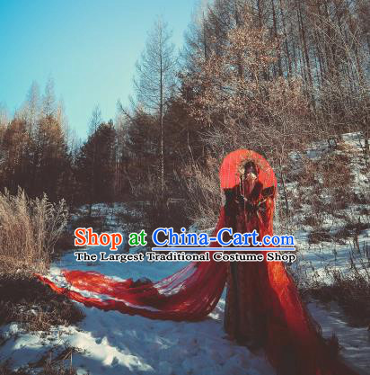 Chinese Ancient Cosplay Wedding Costumes Traditional Han Dynasty Prince Red Clothing and Headpiece for Men