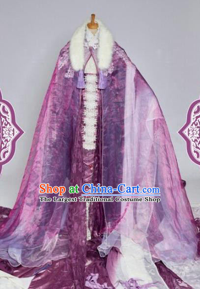 Chinese Ancient Swordswoman Purple Costumes Traditional Cosplay Peri Princess Embroidered Hanfu Dress for Women