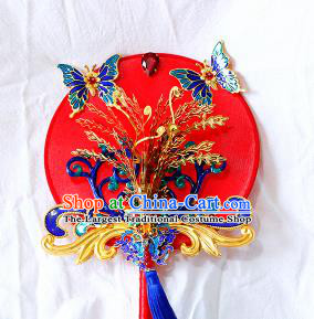 Chinese Traditional Wedding Cloisonne Butterfly Round Fans Ancient Bride Handmade Red Palace Fans for Women