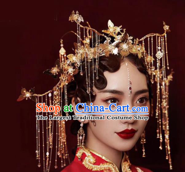 Chinese Traditional Xiuhe Suit Handmade Tassel Phoenix Coronet Ancient Bride Hairpins Hair Accessories for Women