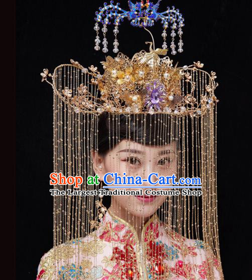 Chinese Traditional Xiuhe Suit Handmade Cloisonne Phoenix Coronet Ancient Bride Hairpins Hair Accessories for Women