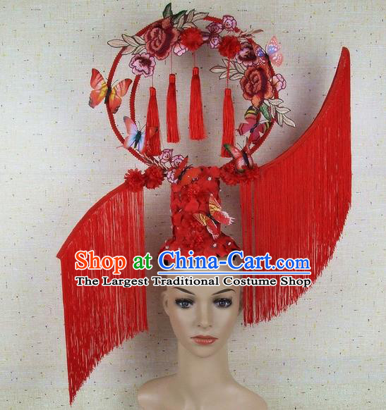 Top Grade Chinese Handmade Lace Headdress Traditional Red Tassel Hair Accessories for Women