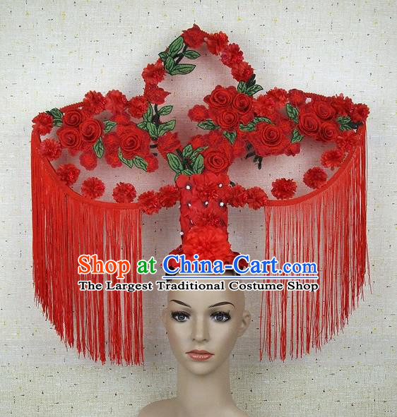 Top Grade Chinese Handmade Lace Headdress Traditional Red Roses Tassel Hair Accessories for Women