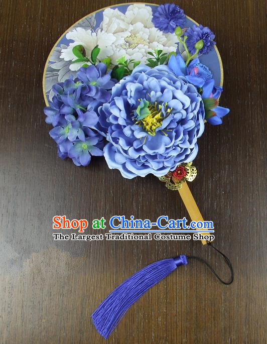 Chinese Traditional Wedding Blue Peony Round Fans Ancient Bride Handmade Palace Fans for Women