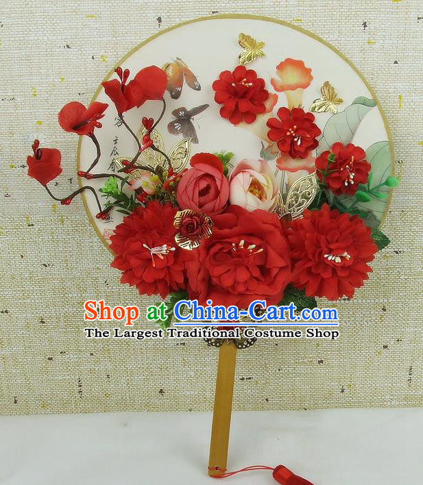 Chinese Traditional Wedding Round Fans Ancient Bride Handmade Red Flowers Palace Fans for Women