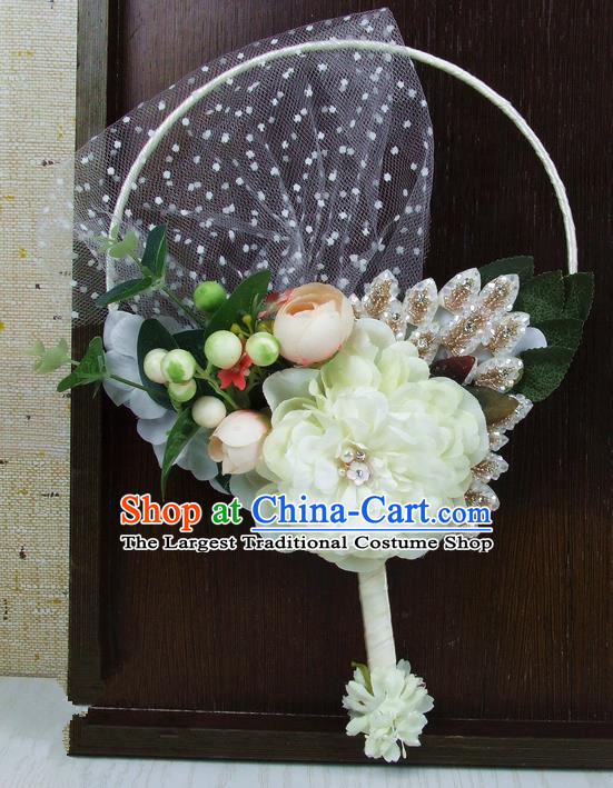 Chinese Traditional Wedding White Peony Round Fans Ancient Bride Handmade Palace Fans for Women