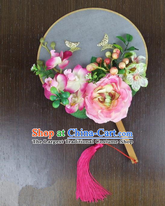 Chinese Traditional Wedding Pink Peony Butterfly Round Fans Ancient Bride Handmade Palace Fans for Women