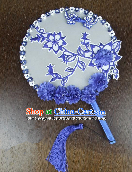 Chinese Traditional Wedding Embroidered Blue Round Fans Ancient Bride Handmade Palace Fans for Women