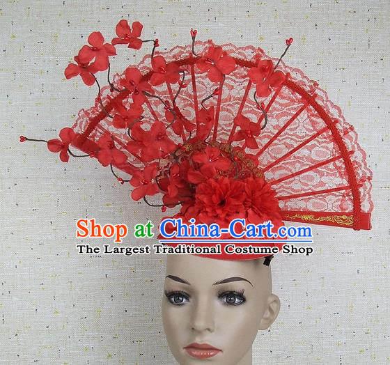 Top Grade Chinese Handmade Red Lace Flowers Headdress Traditional Hair Accessories for Women