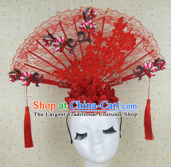 Top Grade Chinese Handmade Red Embroidered Lace Hair Clasp Headdress Traditional Hair Accessories for Women