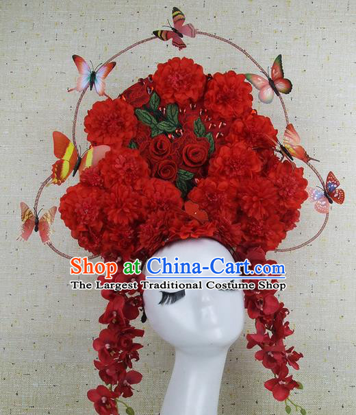 Top Grade Handmade Chinese Red Flowers Palace Hair Clasp Headdress Traditional Hair Accessories for Women