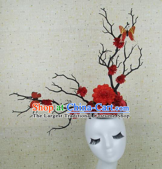 Chinese Traditional Handmade Red Peony Butterfly Hair Accessories Halloween Cosplay Headwear for Women