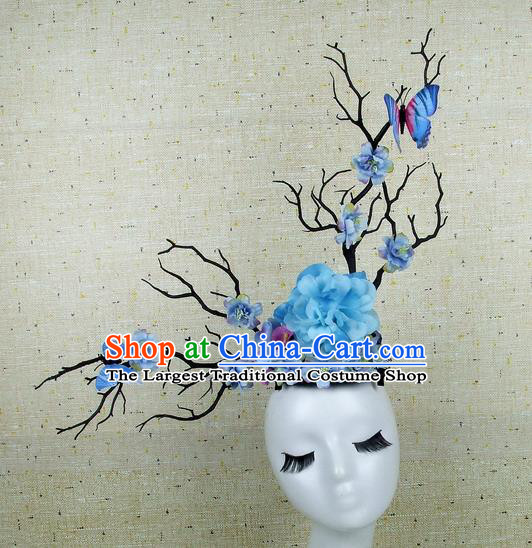 Chinese Traditional Handmade Blue Peony Butterfly Hair Accessories Halloween Cosplay Headwear for Women