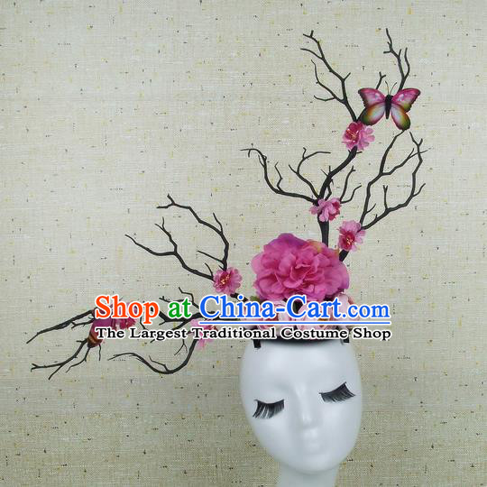 Chinese Traditional Handmade Rosy Peony Butterfly Hair Accessories Halloween Cosplay Headwear for Women