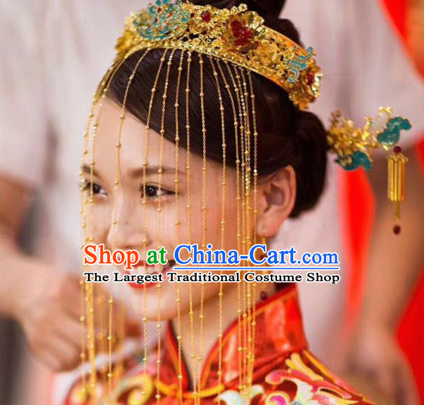 Chinese Traditional Wedding Blueing Phoenix Coronet Ancient Bride Handmade Hair Accessories for Women