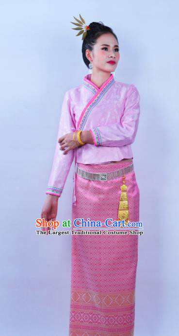 Asian Chinese Ethnic Costumes Traditional Dai Nationality Folk Dance Pink Blouse and Skirt for Women