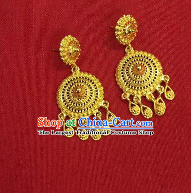 Chinese Ethnic Folk Dance Accessories Traditional Dai Nationality Golden Earrings for Women