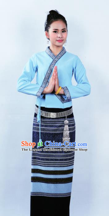 Asian Chinese Ethnic Costumes Traditional Dai Nationality Folk Dance Blue Blouse and Black Skirt for Women