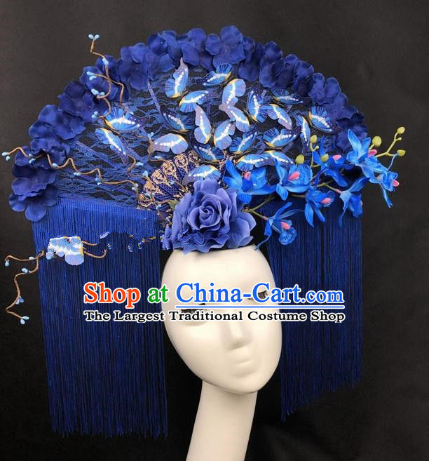 Chinese Traditional Palace Exaggerated Headdress Catwalks Blue Lace Butterfly Hair Accessories for Women