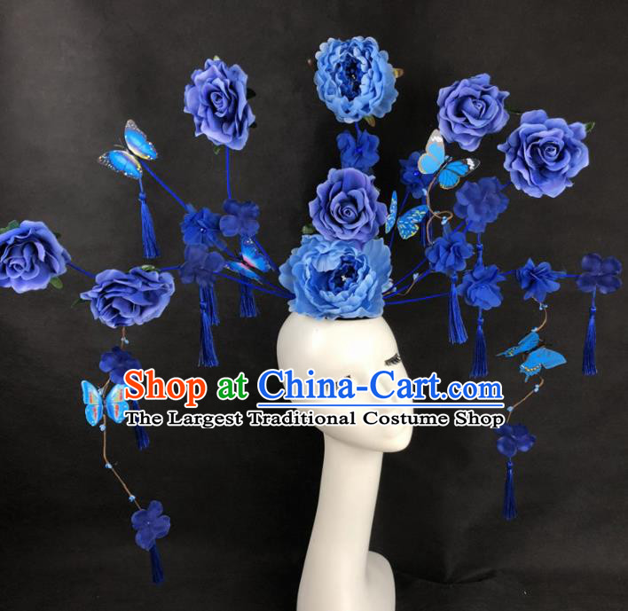 Chinese Traditional Palace Exaggerated Headdress Catwalks Blue Peony Hair Accessories for Women