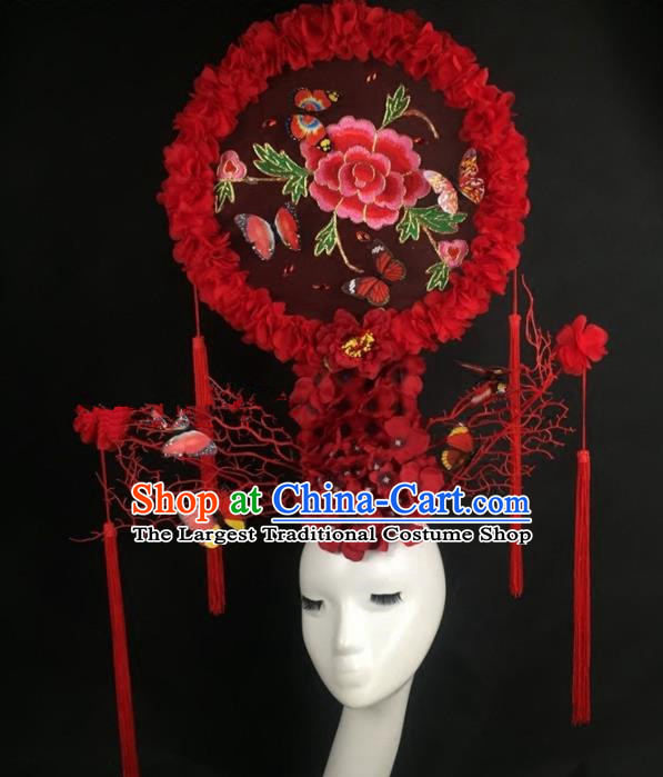 Chinese Traditional Palace Exaggerated Headdress Embroidered Red Peony Catwalks Hair Accessories for Women