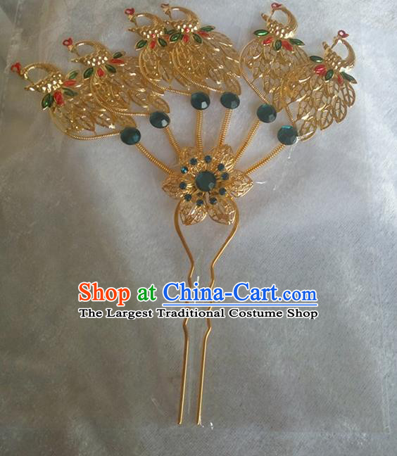 Chinese Ethnic Dai Nationality Hair Accessories Traditional Green Crystal Peacock Hairpins for Women