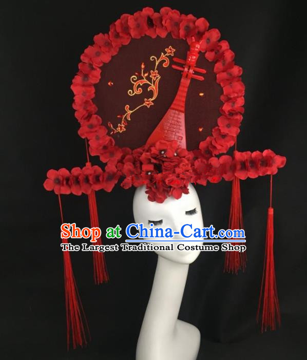 Chinese Traditional Exaggerated Headdress Palace Catwalks Red Lute Hair Accessories for Women