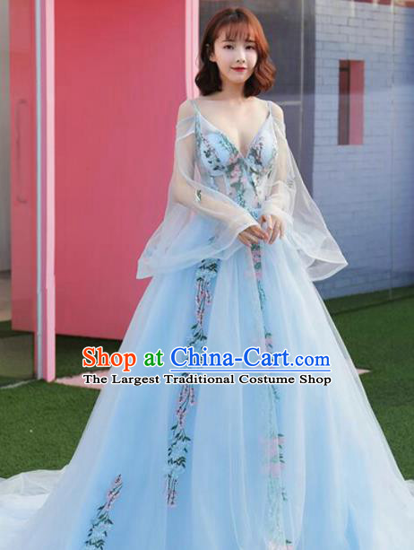 Top Grade Catwalks Costume Flowers Fairy Blue Veil Full Dress for Women