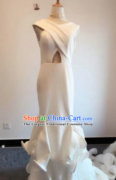 Top Grade Catwalks Costume White Satin Trailing Full Dress for Women