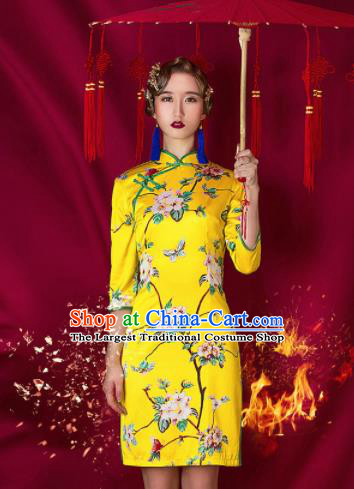 Asian Chinese National Costume Traditional Yellow Cheongsam Qipao Dress for Women